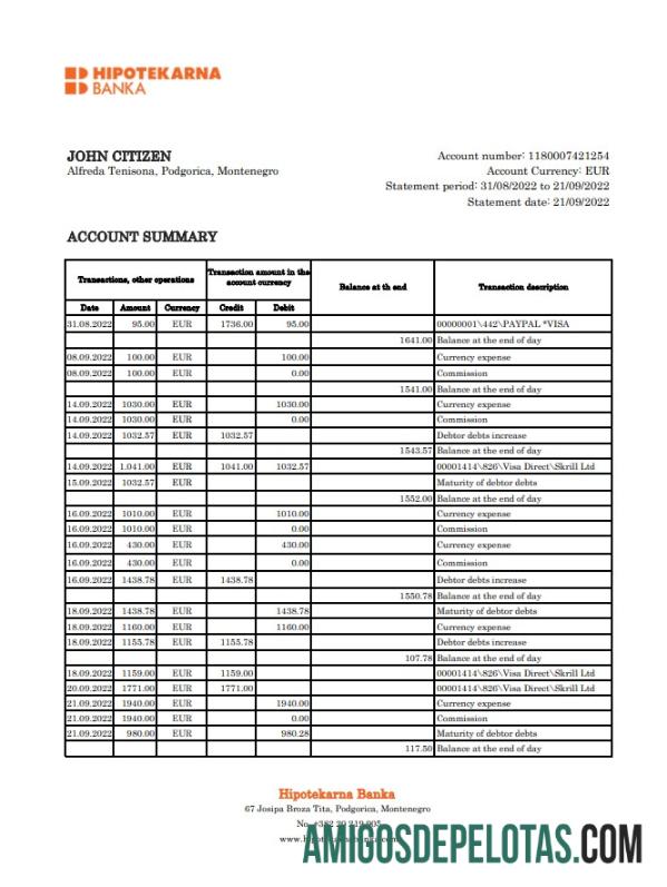 Montenegro Hipotekarna Bank Statement Xls amostra